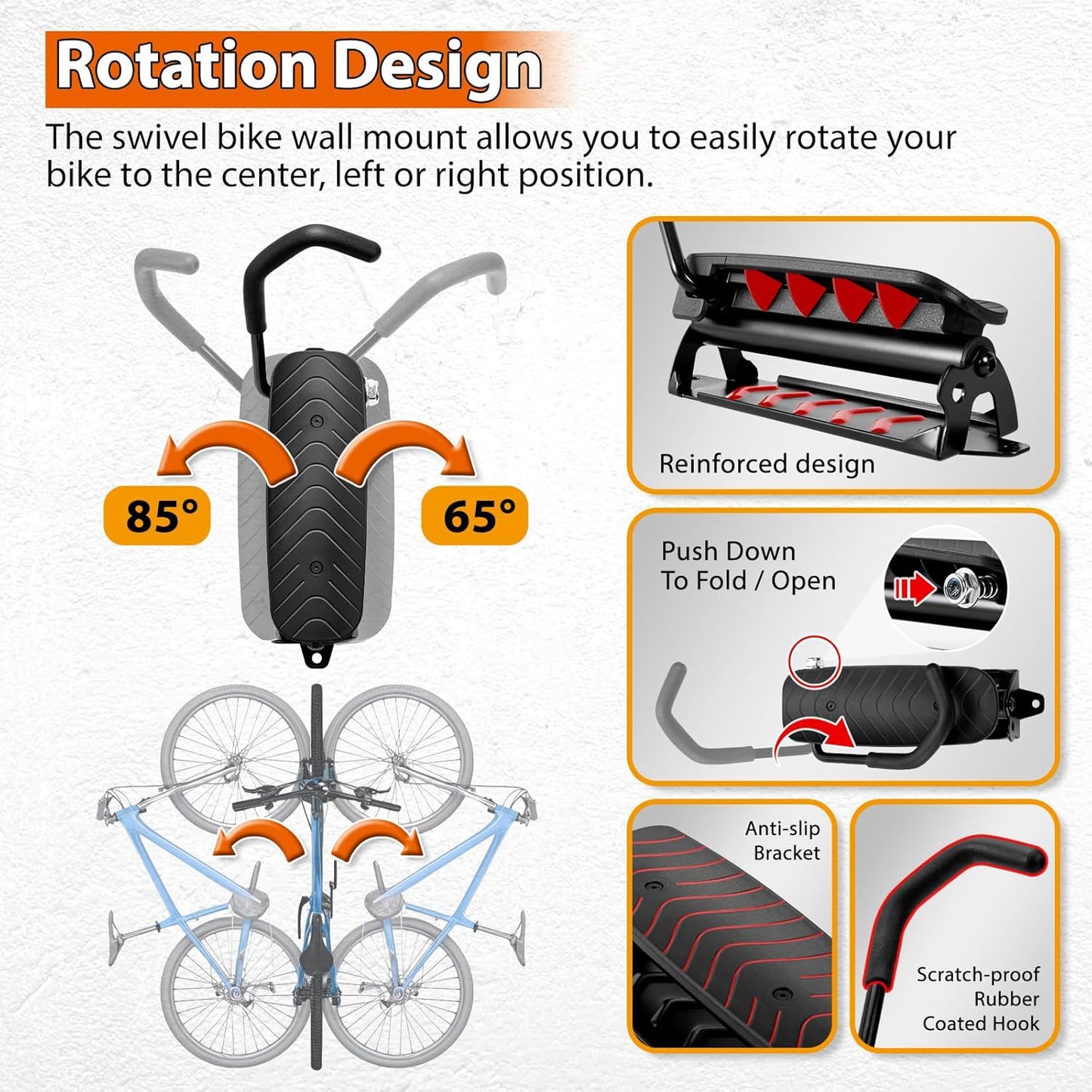 Hycline Swivel Bike Wall Mount: Bicycle Rack for Garage Organizer - Space-saving Wall Mounted Vertical Bike Hook Hanger - Heavy-duty Sturdy Storage Bike Rack for Home & Indoor - 2PCS