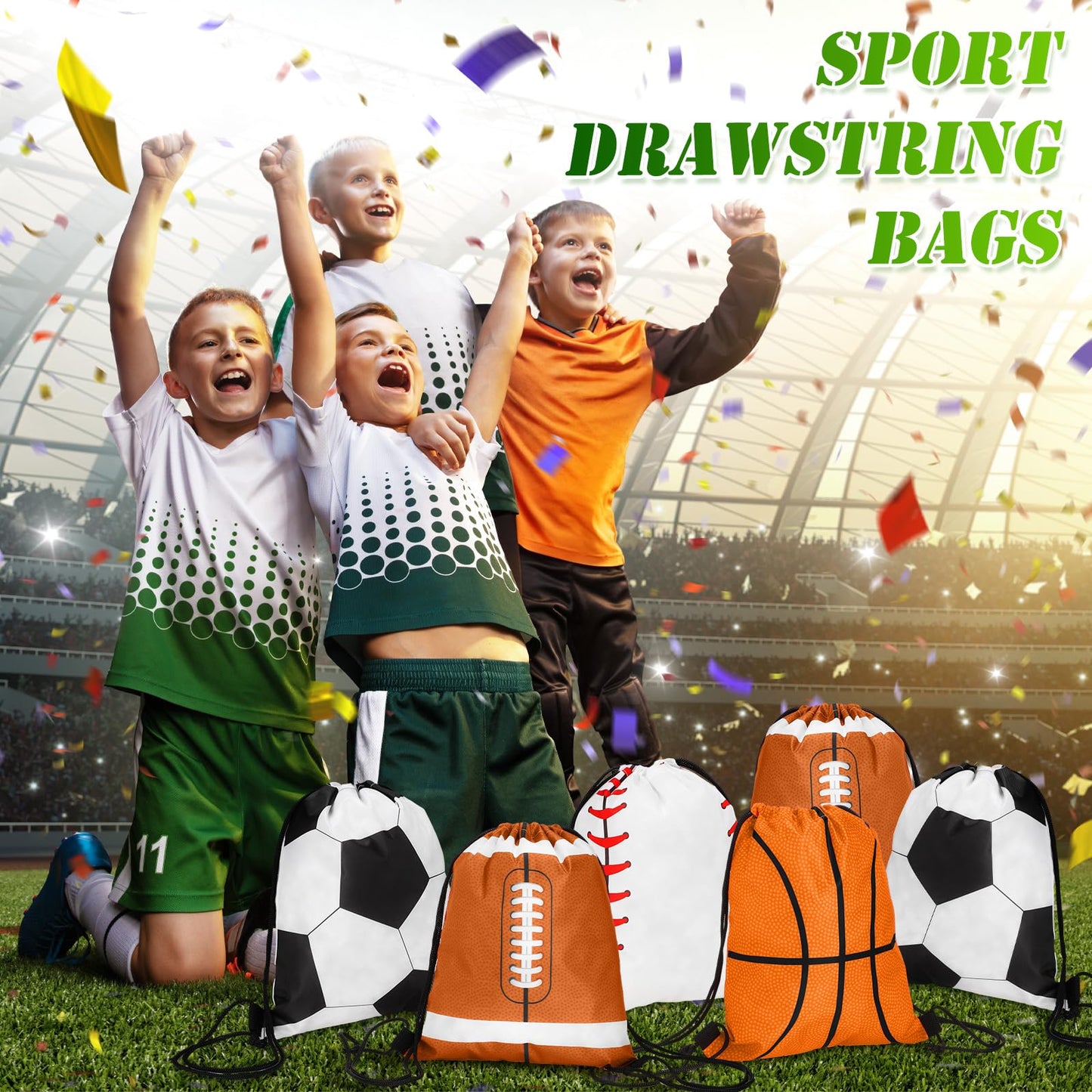Censen 24 Pcs Drawstring Bags Set Bulk 12 x 10 Inch Waterproof Beach Bag for Soccer Baseball Basketball Football Gift Party (Sport Style)