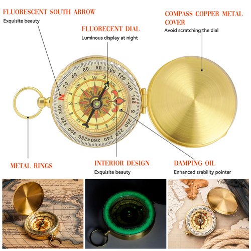 Camping Hiking Survival Compass Copper Clamshell Metal Compass Kids for Hiking Mini Whistle for Camping Hunting Outdoor Navigation Tool