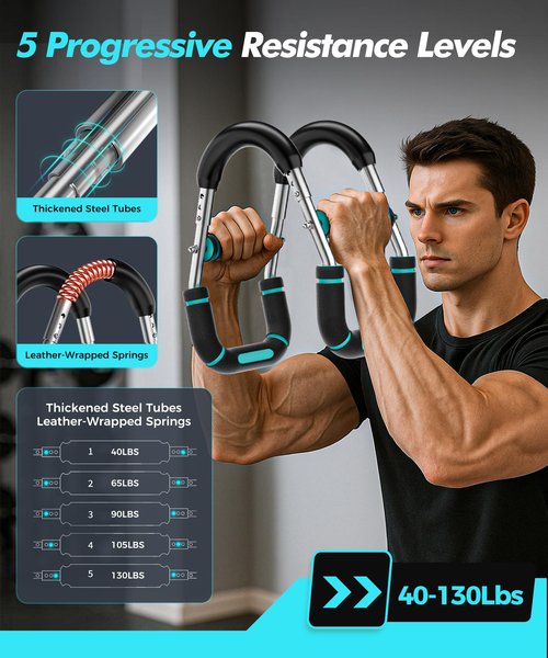 RENRUI Twister Arm Trainer, Adjustable 5 Resistance Levels (40-130 lbs) Chest & Arm Workout Equipment for Men & Women, Ergonomic Home Gym Strength Trainer with Anti-Slip Handles & Carry Bag (Blue)