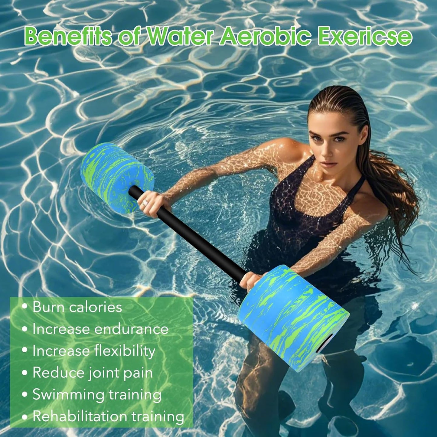 29.3’’Aquatic Exercise Equipment Swim Barbell High Density EVA Foam Pool Barbell with Water Exercise Discs Aquatic Fitness Equipment (Blue&Green)