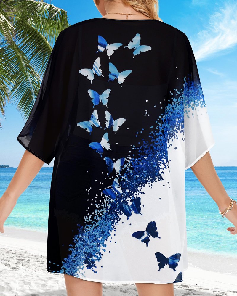 Women's Kimono Cardigan Loose Casual Cover Up Print Puff Blouse Summer Tops (Black Blue Butterfly, S)
