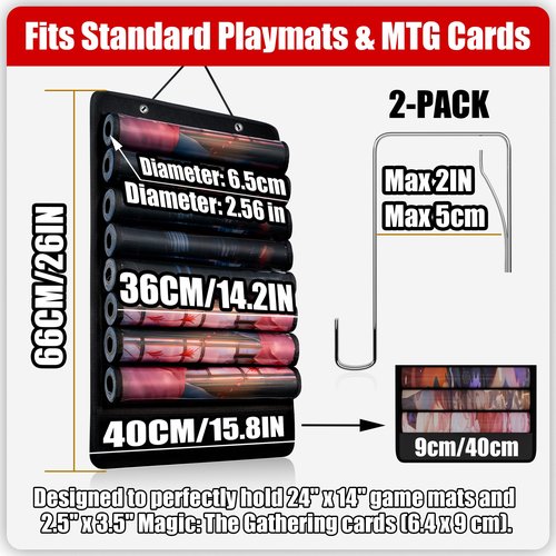 MAYOKEN® Black Playmat Storage Bag for MTG/TCG, Hanging Playmat Holder with 8 Clear PVC Slots + Bonus Pocket, Tear-Resistant Tube Organizer for Standard Game Mats, Mousepads, Accessories with 2 Hooks