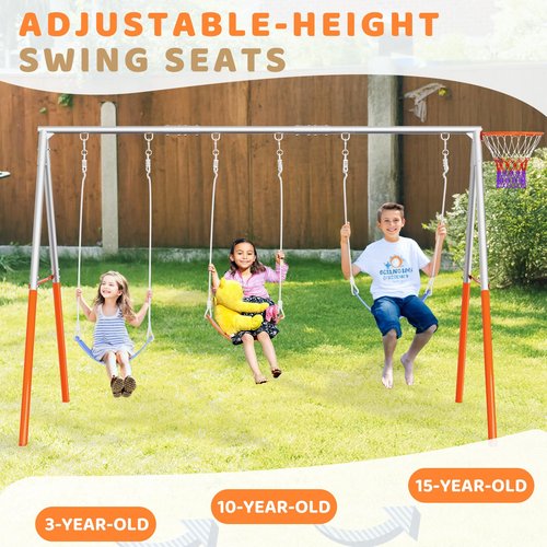 VALUE BOX 3-Seats Swing Sets for Backyard with Basketball-Hoop, Kids Metal Swing Sets for Outdoor with 3 Height-Adjustable Seats, 6 Locking Threaded Hangers, Suitable for DIY (Orange&Blue)