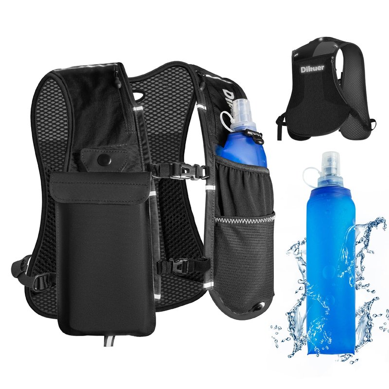Running Vest for Women Men, Lightweight Hydration Runner Vest with Transparent Waterproof Phone Pocket, 17oz Soft Flask, Adjustable Chest Straps Reflective Backpack for Hiking Cycling Jogging