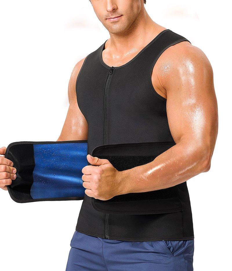 Junlan Sauna Suit for Men 2 in 1 Waist Trainer Sauna Shirt for Men Sweat Band for Stomach(Blue,2X-Large)
