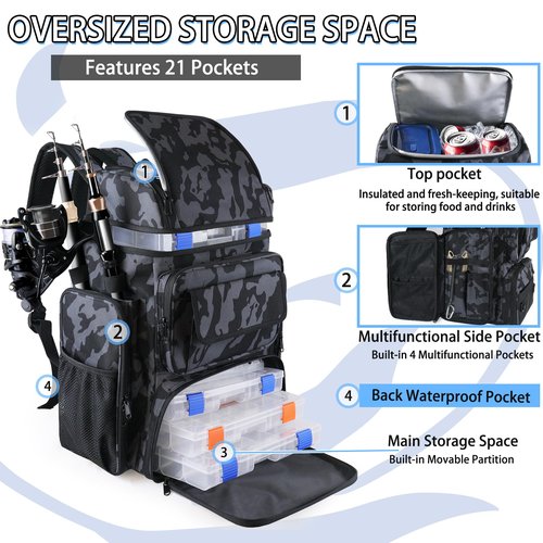 YOLIBON Fishing Tackle Backpack With Rod Holders, 45L Large Tackle Bag & Fishing Tackle Backpack for Fishing, Camping, Hiking,Camouflage