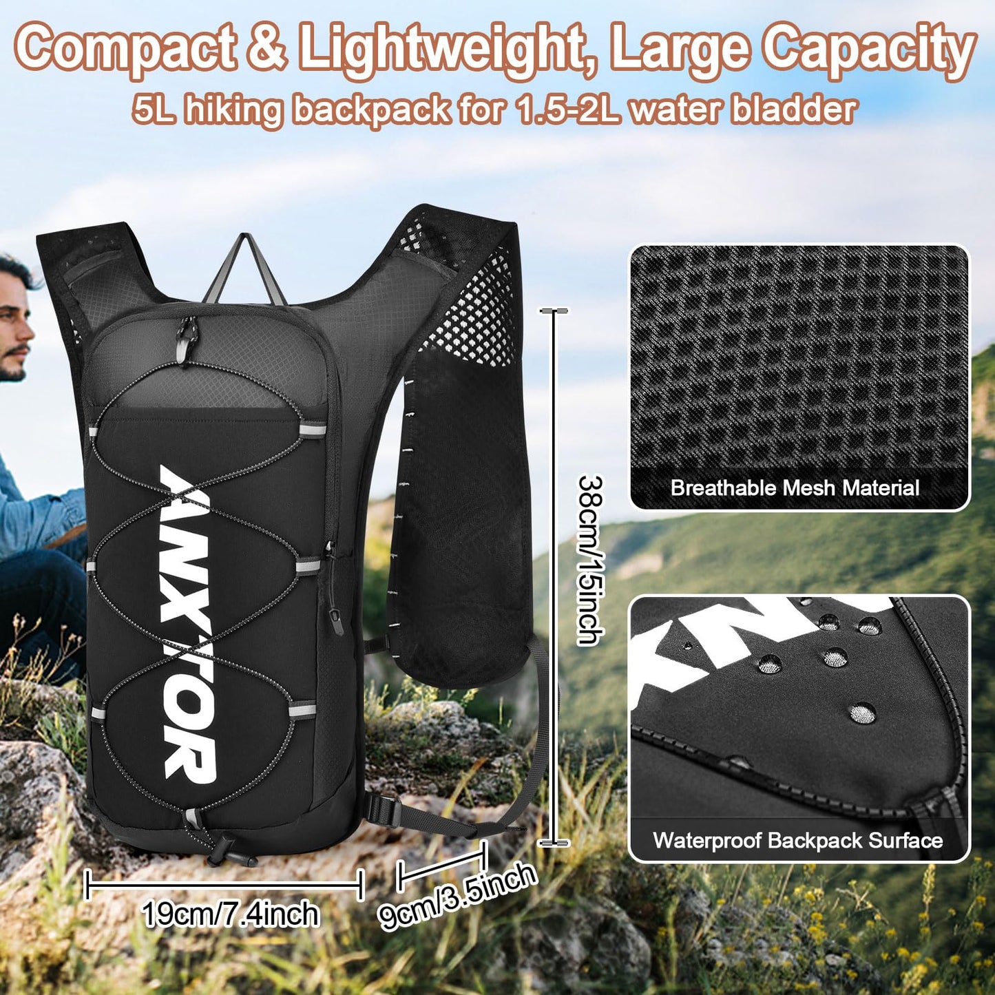 Hydration Backpack with 2L Water Bladder, Adjustable Chest Straps Running Hydration Vest Lightweight Daypack Reflective Pack for Women Men Hiking Trail Running Climbing Biking Cycling Marathon, Black