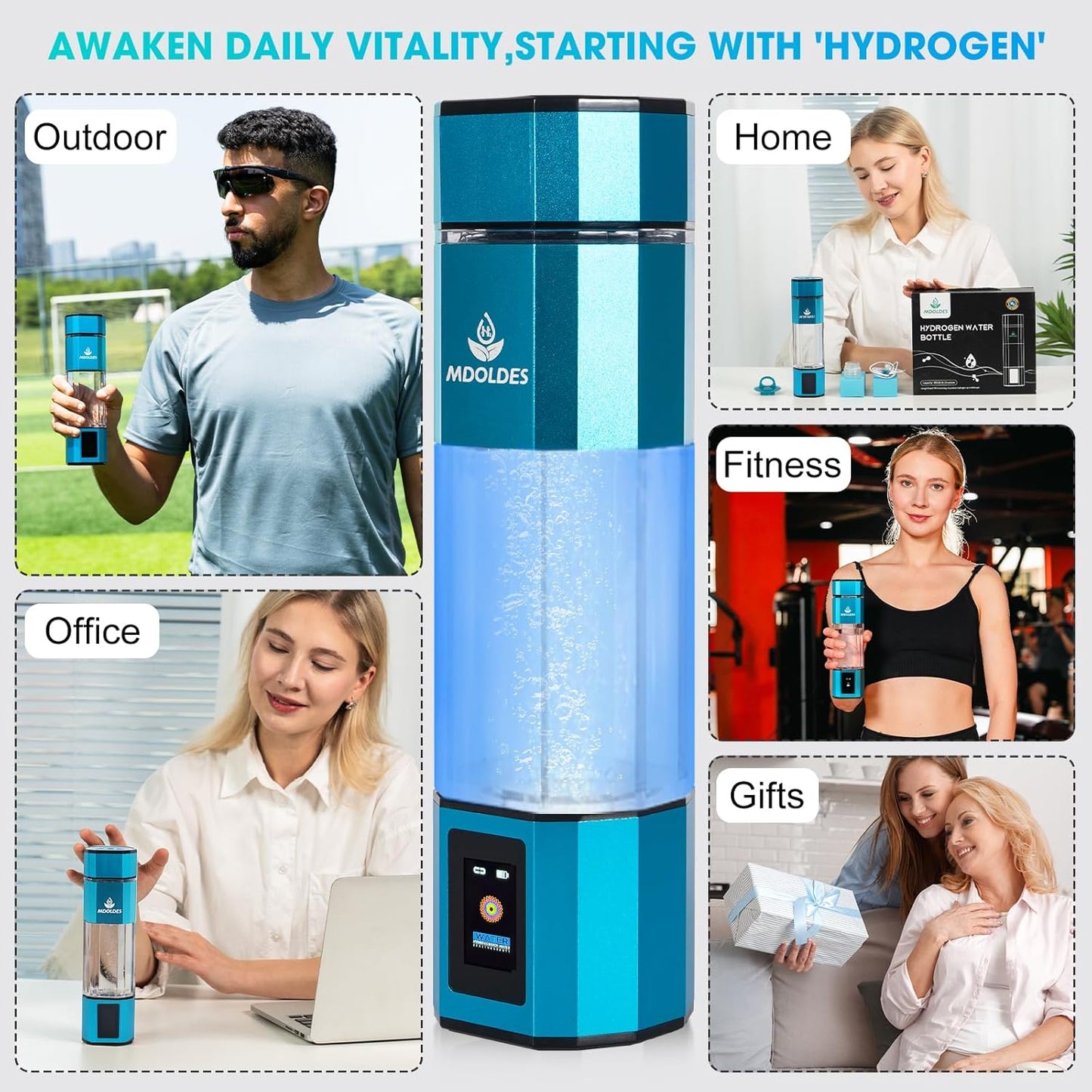 Hydrogen Water Bottle -Mdoldes- Concentration up to 4.0+PPM-SPE and PEM Technology Hydrogen Water Bottle,Certified H2 Generator, H2 Half-Life: 80 Minutes, Blood Sugar lowering, 10.15 oz (Gun Grey)