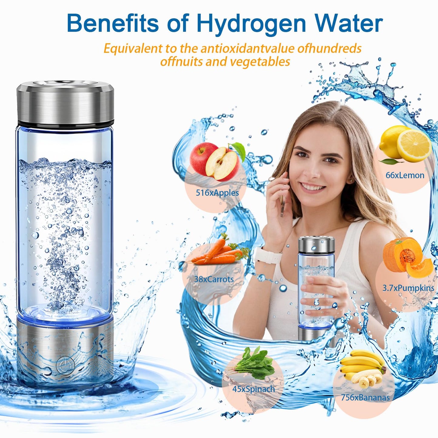 Hydrogen Water Bottle Generator, Portable Hydrogen Water Ionizer Machine Rechargeable Hydrogen Rich Water Glass Bottle for Travel 420ml Gift for Women Gifts for Men Gifts for Firend Birthday Gifts