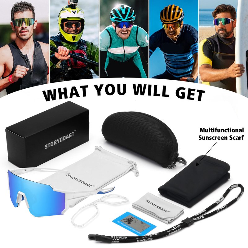 STORYCOAST Polarized Sports Sunglasses for Men Women,Driving Fishing Cycling Mountain Bike Sunglasses UV400 Protection White Frame-Ice Blue Mirror Lens