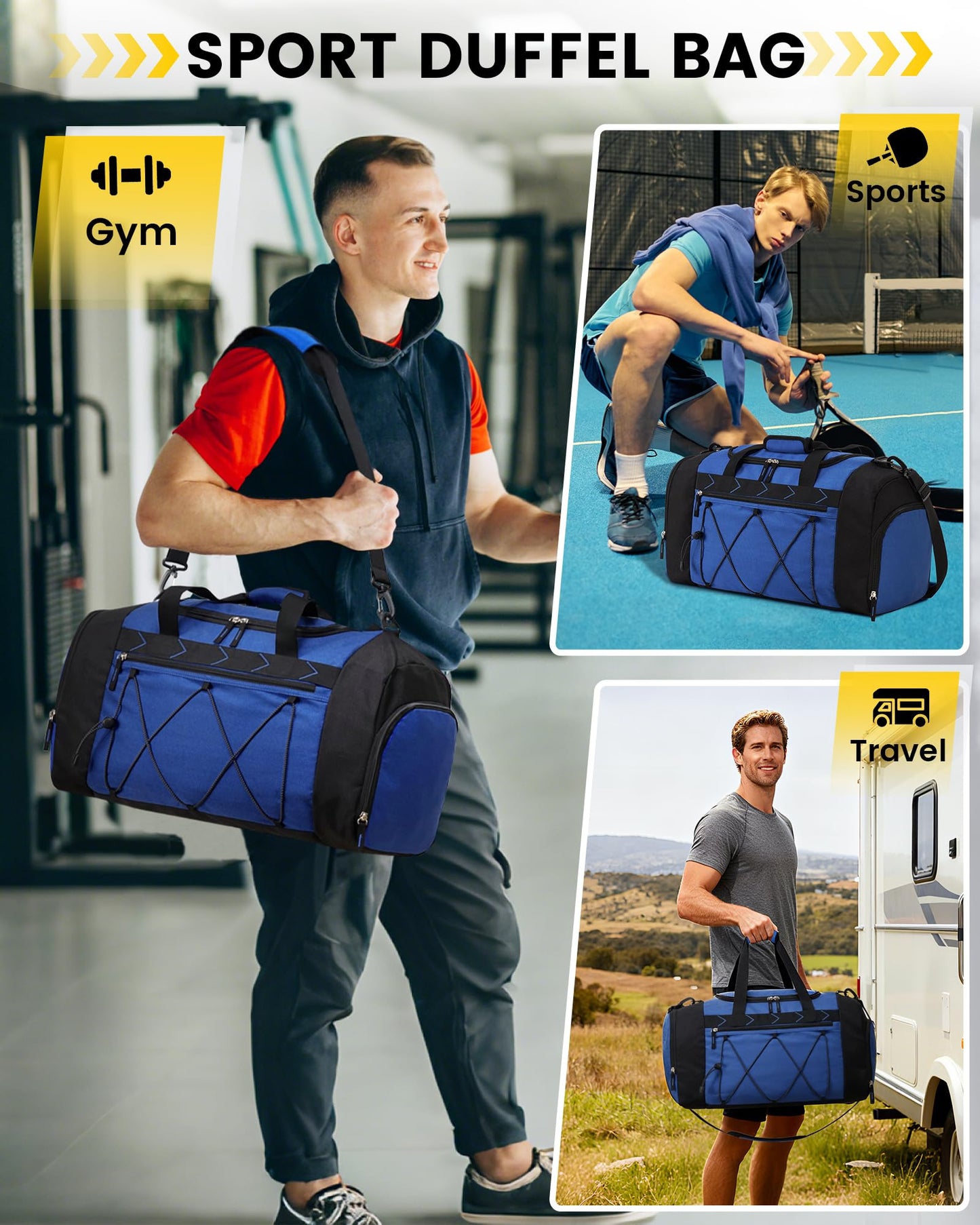 Vorspack Gym Bag for Men - 21 Inches Duffle Bag for Travel Water-resistant Travel Bag with Shoe Compartment Wet Pocket Duffel Bag for Gym Sports Travel Weekender Overnight - Blue