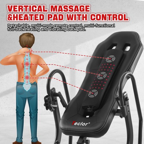 Teclor Advanced Heat and Massage Strength Training Inversion Table for Back Pain Relief,Heavy Duty Inversion Table 350 lbs Capacity with Thickened 3D Memory Foam backrest,Black