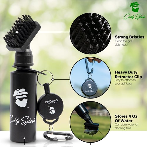Caddy Splash Golf Club Brush Cleaner with Water - Heavy Duty Retractable Clip- Squeeze Bottle for Easy Cleaning with Nylon Bristles- Holds 4 Oz Water - Golf Accessories- USA Company