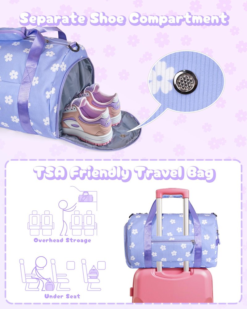 Vogewood Holiday Gift for Toddler, Girls Gym Bag, Kids Personalized Dance Bags with Shoe Compartment, Customized Travel Duffle with Toiletry Bag, Teen Girl Gifts Trendy Stuff (Letter I)