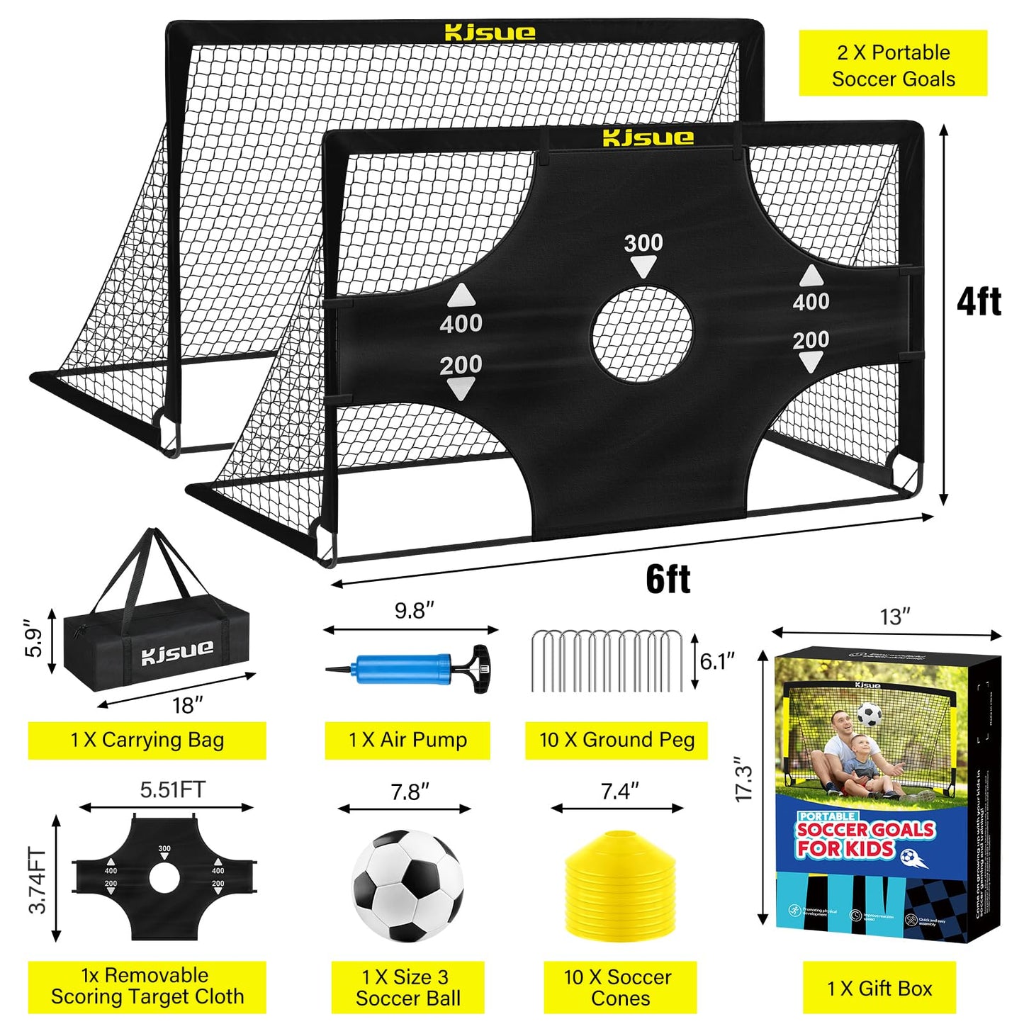 Kids Soccer Goals for Backyard Set, 2 of 6x4 ft Portable Pop Up Soccer Goal Training Equipment, Soccer Net with Target, Soccer Ball, Cones, Soccer Set for Kids Youth Toddler Sports Outdoor Games