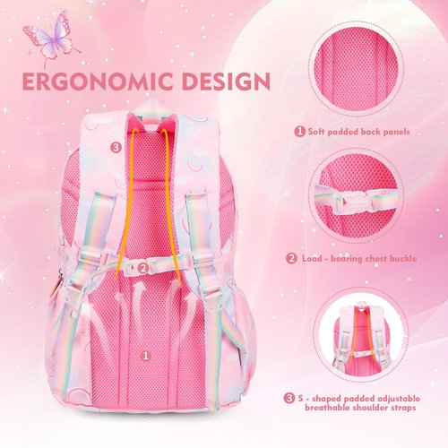 QJHEC Kawaii Starry Rainbow Backpack for Girls – Butterfly Bookbag with Fluffy Charm, Pencil Case & Study Set for Kids & Teens – Pink 17.5inch