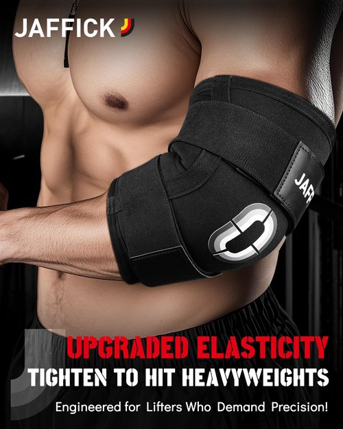 Jaffick Weightlifting Elbow Brace - Elbow Sleeve with Dual Adjustable Compression Straps for Bench Press, Powerlifting, Pressing, Men & Women (1 Pair) (Black, M)
