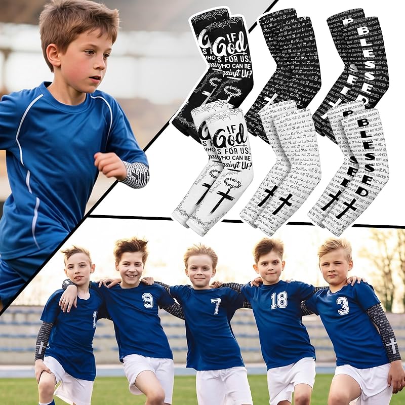 Blessed Arm Sleeves, 6 Pairs Youth Sizes Small+Blessed - Christian UV Shield for Baseball, Football, Outdoor Sports