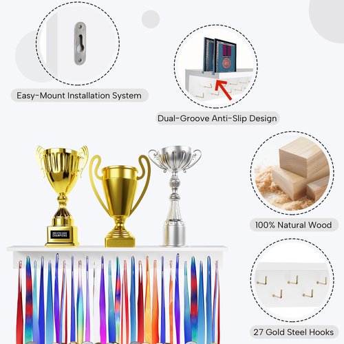 Defined Deco 3ft-Medal Awards Rack Ultimate Medal Hanger Display and Trophy Shelf,36" Wooden Trophy and Medal Display Shelf,for Medal Display,Plaques,Pictures,Trophies and More(White)