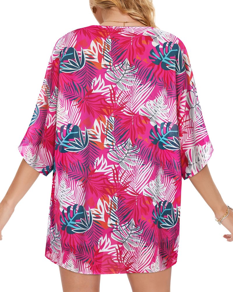 Women's Floral Kimono Print Puff Sleeve Loose Cardigan Cover Up Casual Blouse Tops (Rose Red Leaves, 3XL)