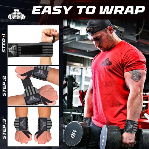 Bear Grips Wrist Wraps for Weightlifting | Weight Lifting Wrist Straps for Weightlifting | Extra Strength Gym Wrist Wraps | Two Wrist Wrap Per Pack | 12” & 18” | Lifting Wrist Wraps for Men & Women
