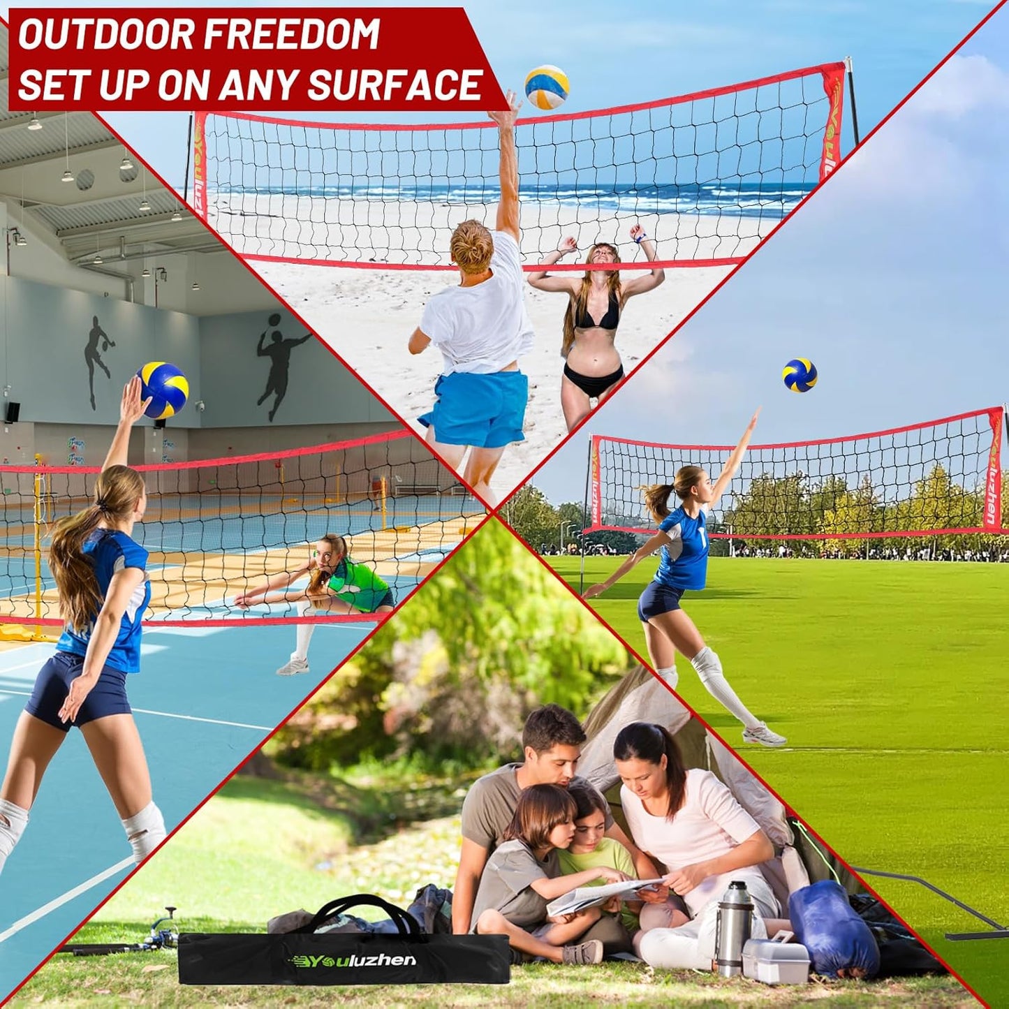 12FT Portable Volleyball Net for Backyard - Freestanding Beach Volley Ball Set Height Adjustable with Carry Bag, Outdoor/Indoor Practice Nets Training Equipment for Hitting or Serving Drills