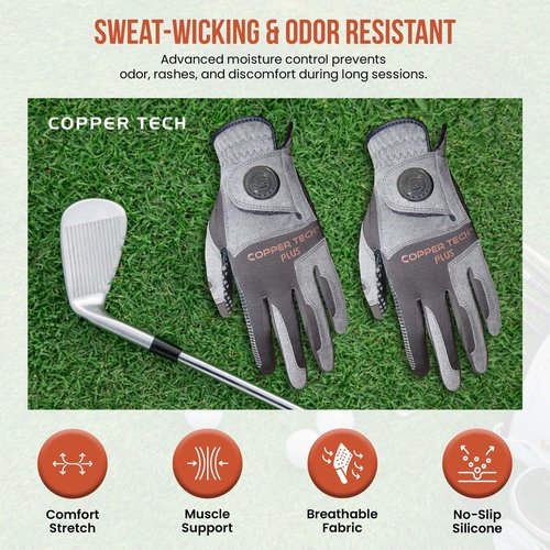 Copper Tech Plus Copper Infused Golf Glove for Men ??Charcoal/Grey (Combi) ??2 Pack ??Compression Fit, Arthritis Relief, Non-Slip Grip ??USGA Approved - Left Hand/One Size