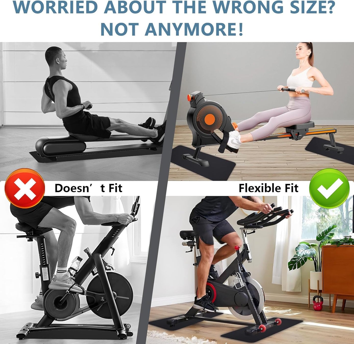 2PCS 0.24" Thick Mat Pads for Peloton Bike & Concept 2 Rower – Non-Slip Compact Floor Protectors for Small Spaces, Home Gym Use on Hardwood, Carpet & Tile, 25"x11.8"