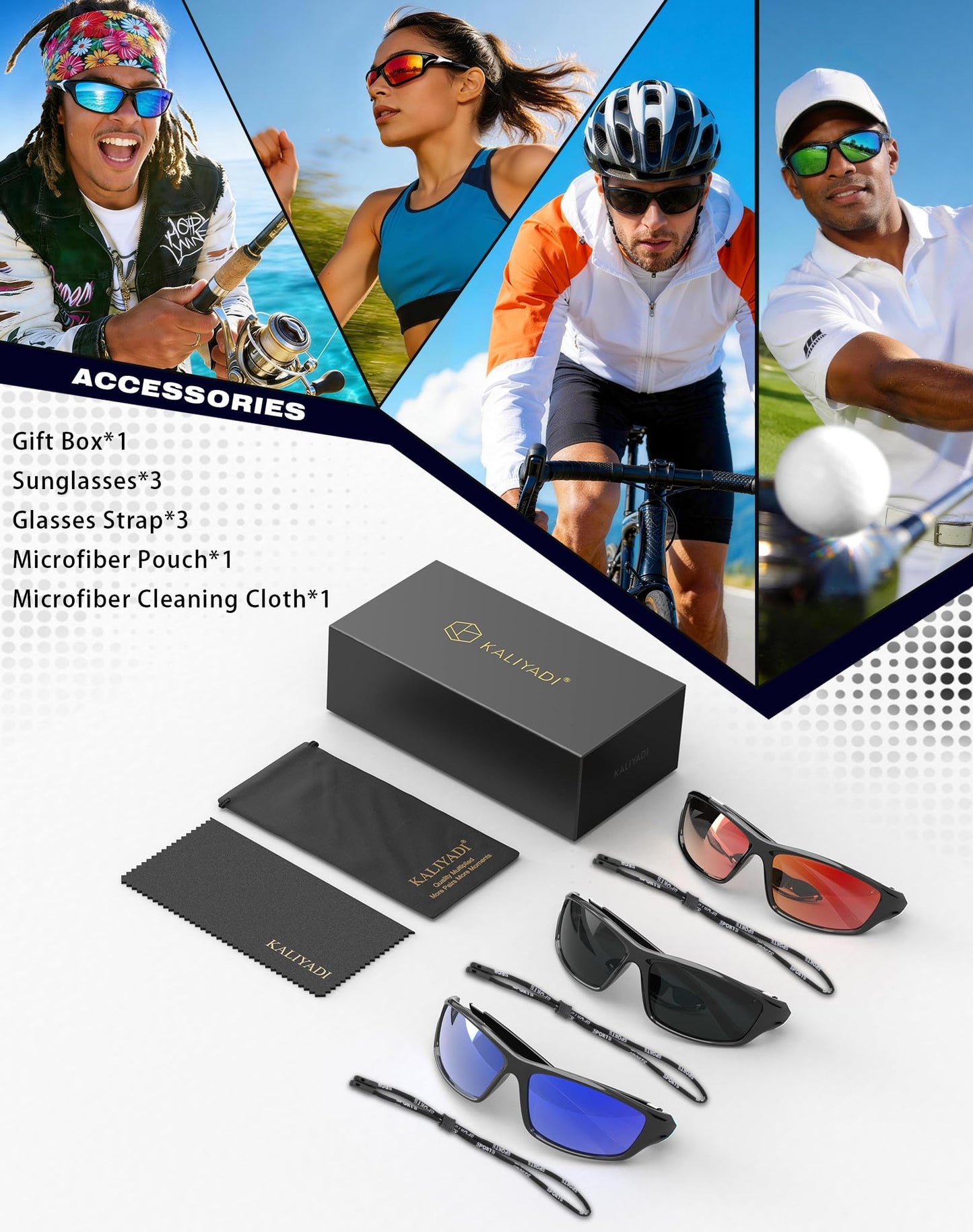 KALIYADI Sports Polarized Sunglasses Men UV400 Protection for Fishing Driving Cycling, Black/Red/Brown, 3 Pack