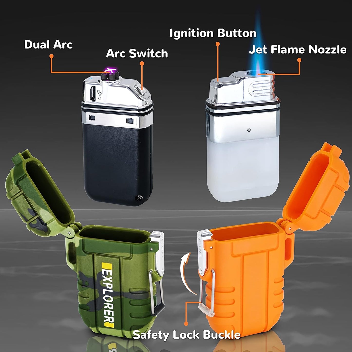 2 Pack Waterproof Lighter Outdoor Windproof Torch Lighters Dual Arc Butane Electric Lighters USB Rechargeable Lighters Flameless Plasma Lighter Camping Hiking Adventure Survival Tactical Gear
