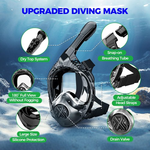 WONDSY Full Face Snorkel Mask for Adults, Snorkeling Gear for Kids, Anti-Fog & Anti-Leak Design with 180° Panoramic View, Dry Top Breathing System, Ideal for Scuba Diving, Snorkeling (Black, L/XL)