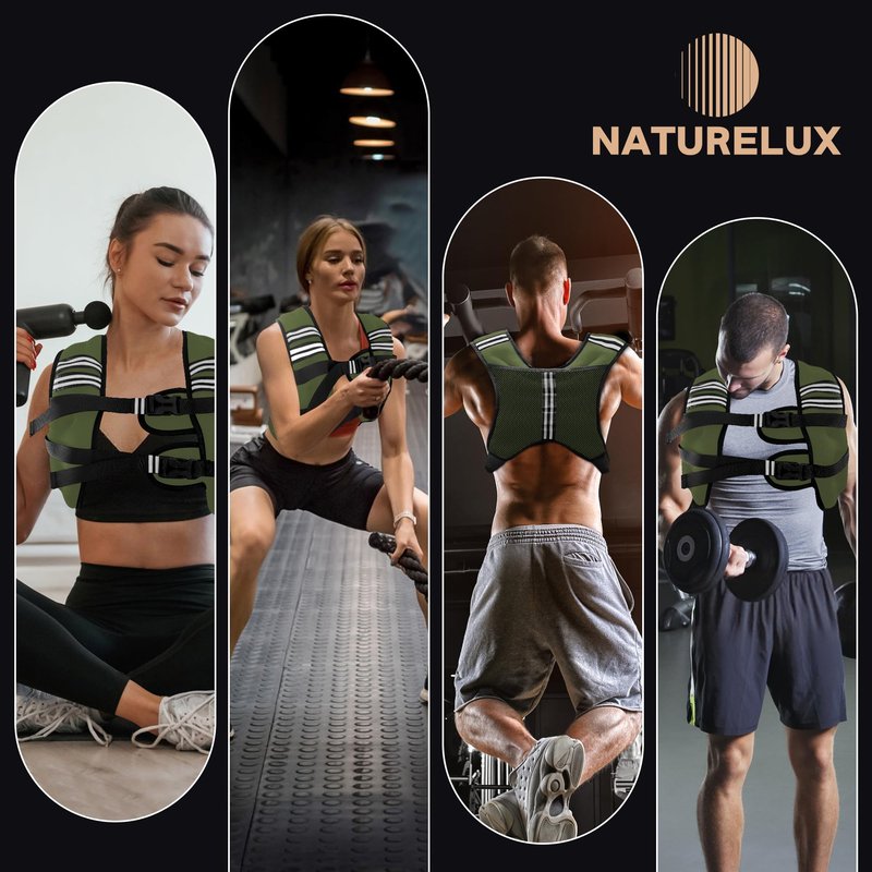 NATURELUX Weighted Vest with Reflective Stripe and Adjustable Buckle Straps, Army Green, 15 lbs