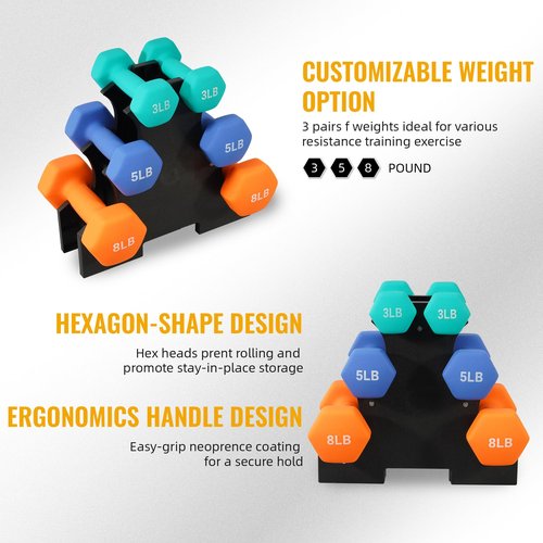 Fitvids Neoprene Dumbbell Set with Rack, 3/5/8LB Pairs, 32LB Set with Rack