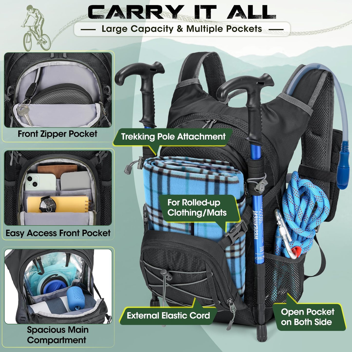 Hydration Backpack with Water Bladder, 18L Lightweight Hiking Backpack for Women&Men Small Insulated Hydration Water Pack for Hiking, Running, Cycling, Biking, Black