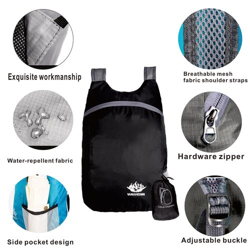 YGFEJSDNSW Foldable Backpack, 20L Lightweight Water Resistant Backpack for Men and Women Sports Camping Walking Biking Bag, Travel Outdoor Hiking Daypack, Black