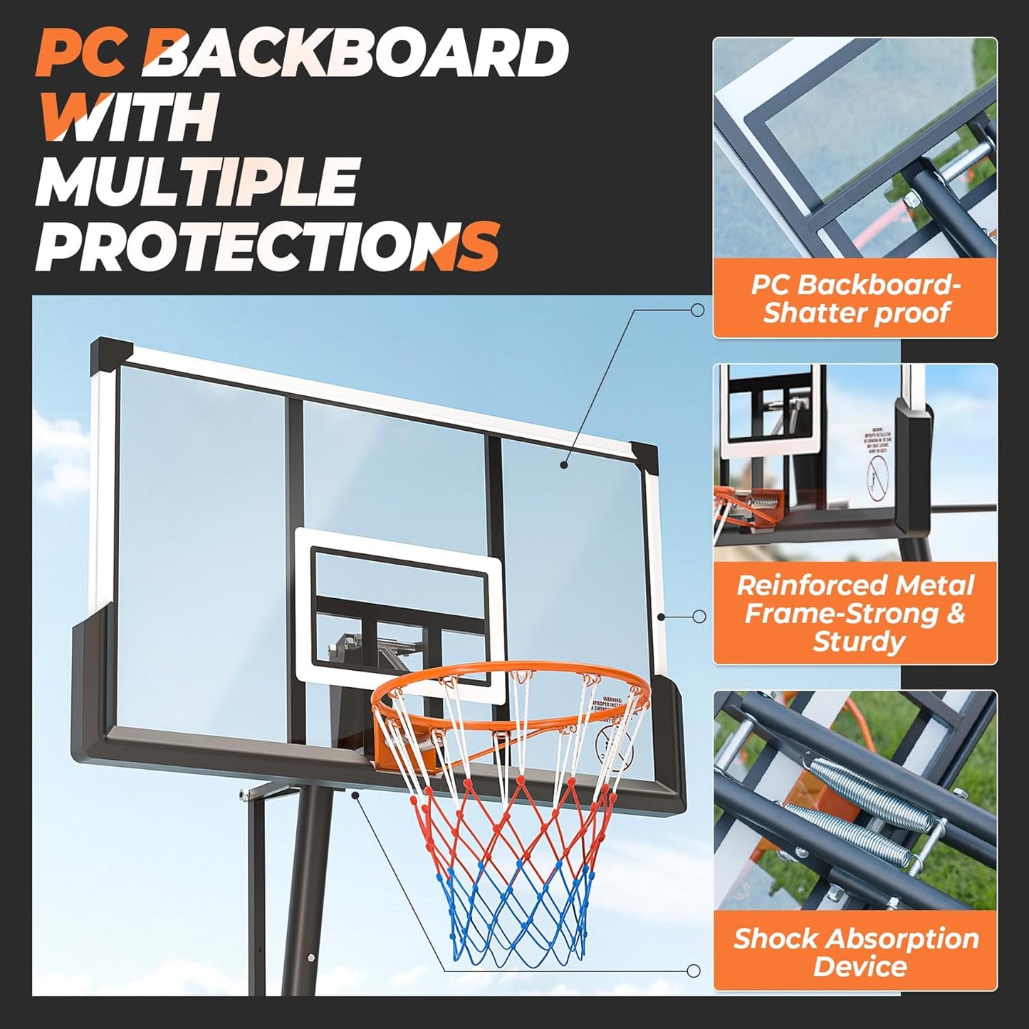 10 FT Basketball Hoop Outdoor Basketball Goal Portable Adjustable Basketball Hoop for Adults Youth in Backyard, Driveway, Indoor, 44 Inch PC Shatterproof Backboard