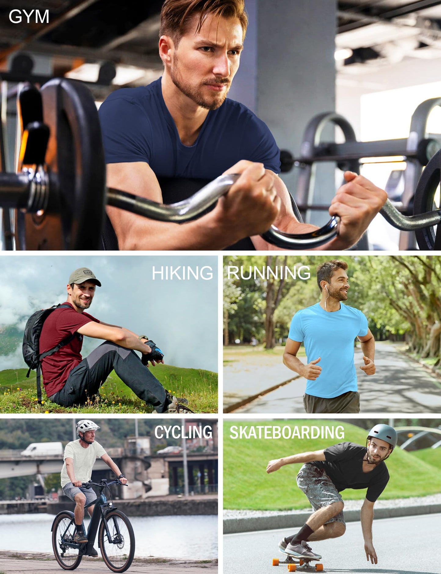 HOPLYNN 5 Pack Men's Dry Fit Workout Gym T Shirts, Short Sleeve Active Running Athletic Tee Tops 1 Black 1 Blue 1 Gray 1 Navy Blue 1 Wine Large