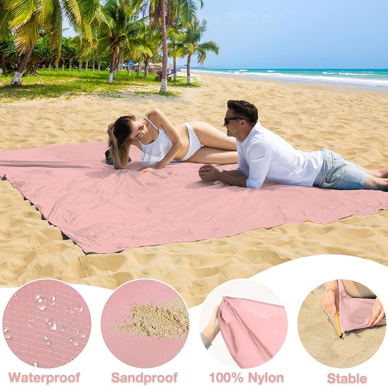 Beach Blanket 78'' x 110'' Waterproof Sandproof Oversized Nylon | Includes Stakes