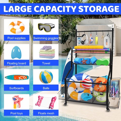 WATWEI Pool Equipment Organizer Storage Holder, Large Heavy-Duty Steel Rolling Storage Cart for Noodles, Toys, Balls, Floats Mesh, Towels, Ideal Swimming Equipments Storage Rack Indoor & Outdoor