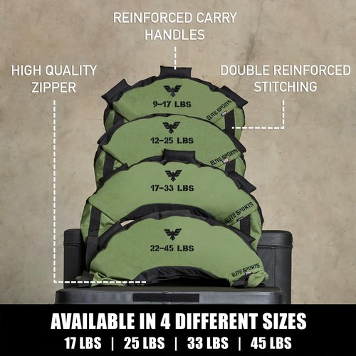 Elite Sports Bulgarian Canvas Bag, Fitness Canvas MMA Gym Cross Workout Training Sandbag 17, 25, 33, 45 lbs (UNFILLED) (Forest Green, 45 LBS)