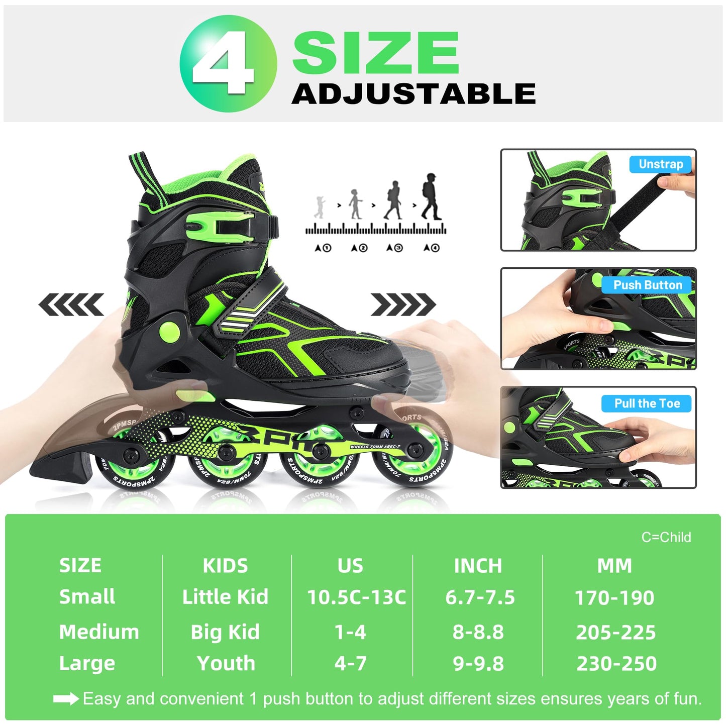 2PM SPORTS Torinx Boys Adjustable Inline Skates, Fun Beginner Roller Skates for Kids, Youth, Girls, Men and Women - Green Medium