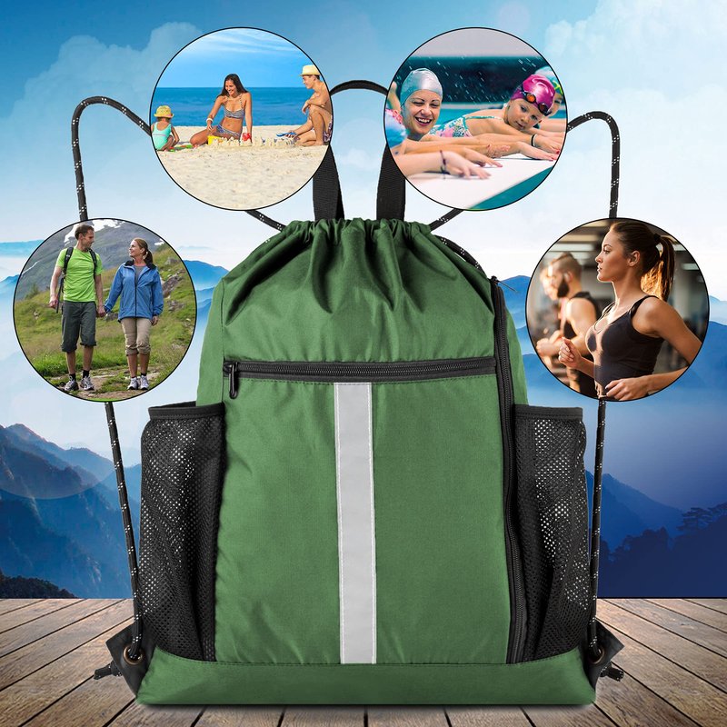 BeeGreen Green Drawstring Bag Gym Cinch Backpack w Shoe Compartment and Two Side Pockets Machine Washable Sports Sinch Sack String Sackpack for Swim Equipment Beach Travel