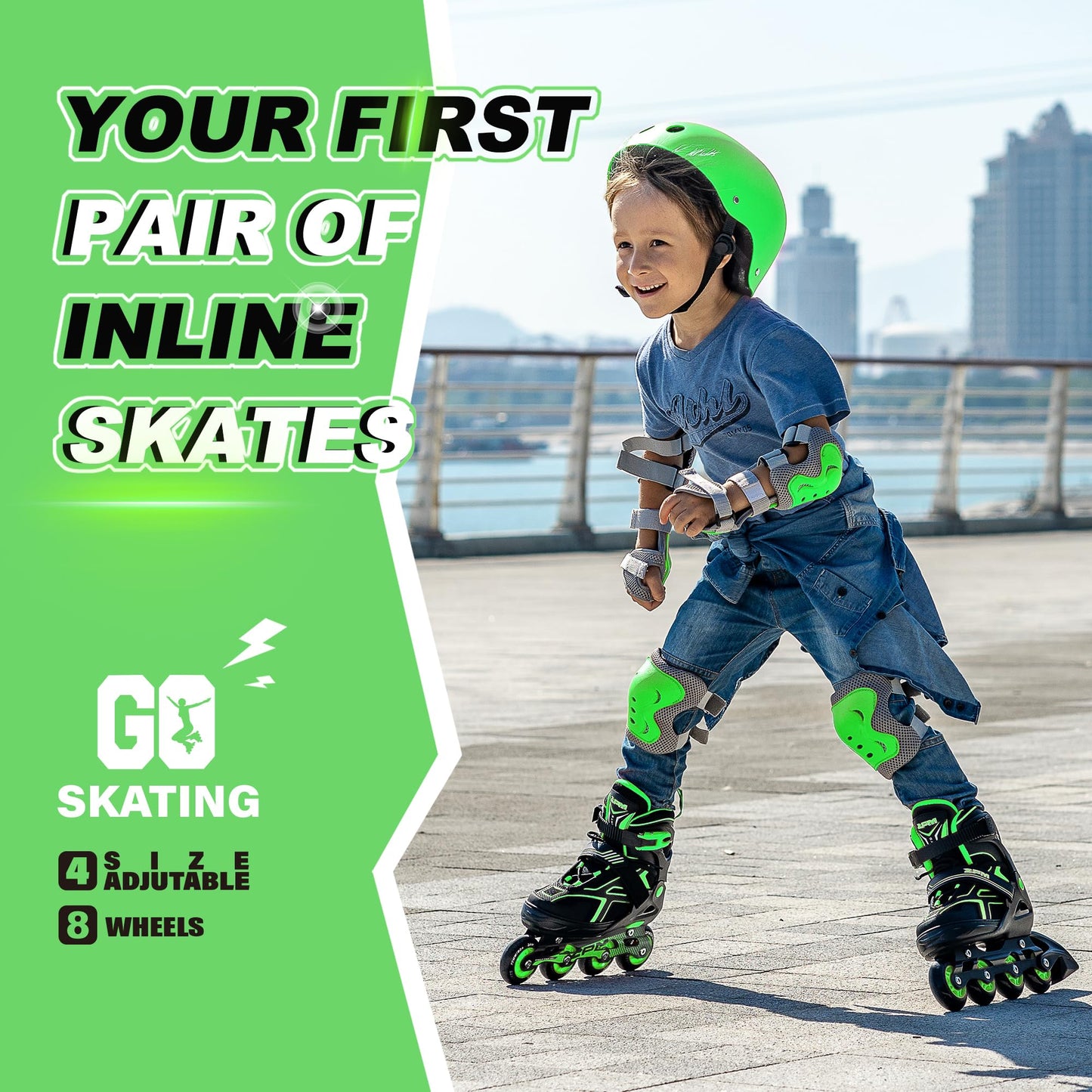 2PM SPORTS Torinx Boys Adjustable Inline Skates, Fun Beginner Roller Skates for Kids, Youth, Girls, Men and Women - Green Medium