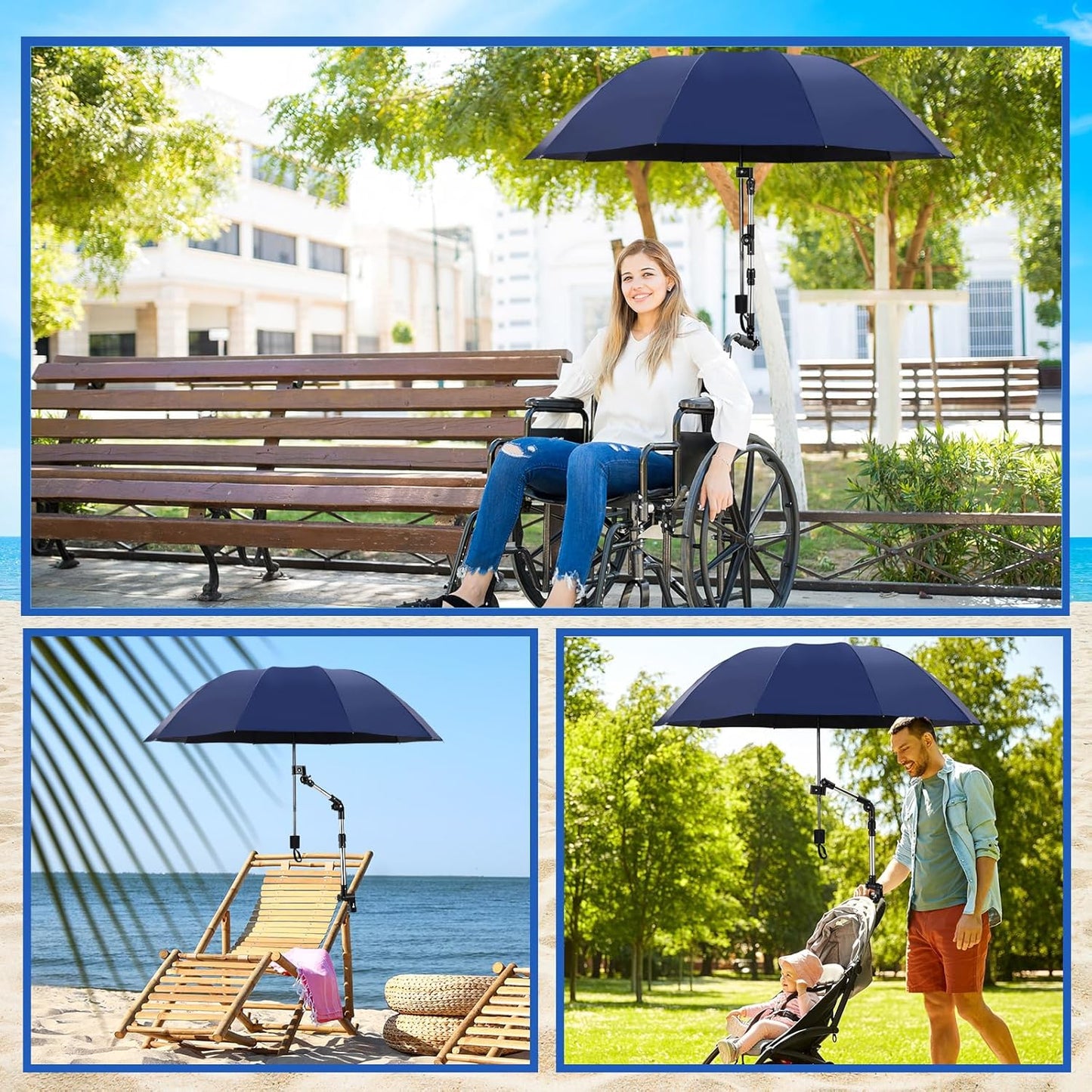 2 Pcs Beach Chair Umbrella with Clamp 49.2" 360° Adjustable Golf Umbrella with Clip and Retractable Stand Sun Shade for Camping Outdoor Travel Patio Wheelchair Golf Cart Stroller