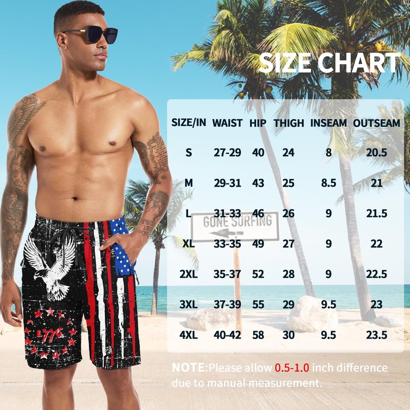 Mens Swim Trunks with Compression Liner, 1776 Patriotic American Flag Men Bathing Suit Mens Swimming Trunks with Zipper Pockets 9 inch inseam Men's Board Shorts Swimwear Quick Dry Swimsuits, L