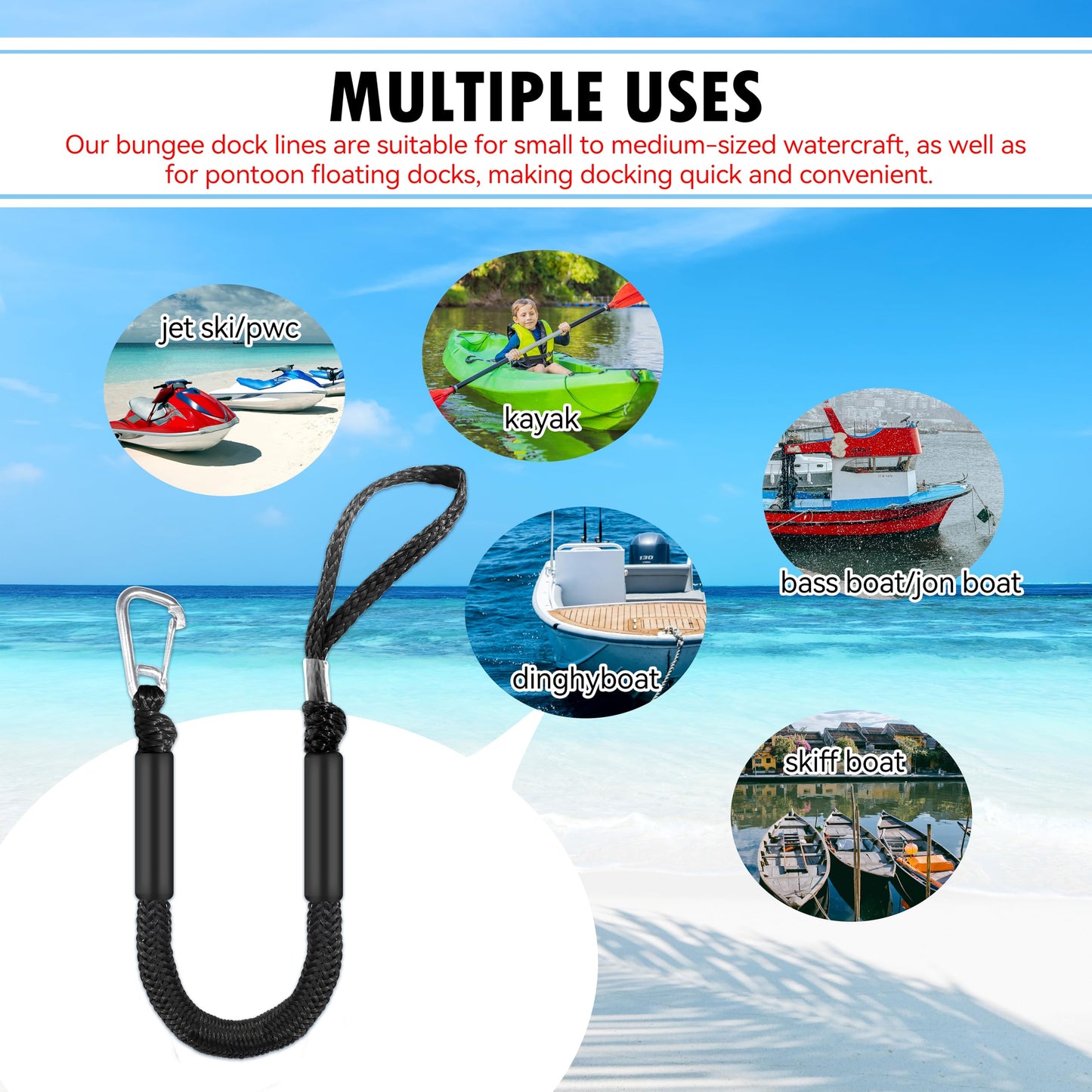 2.5ft Black Bungee Dock Line with Stainless Steel Hook - Heavy-Duty No-Knot Mooring Rope for Jet Ski, Kayak, PWC | Boat Fender Lines to Hang Bumpers (Stretches to 3.5ft), Pack of 2