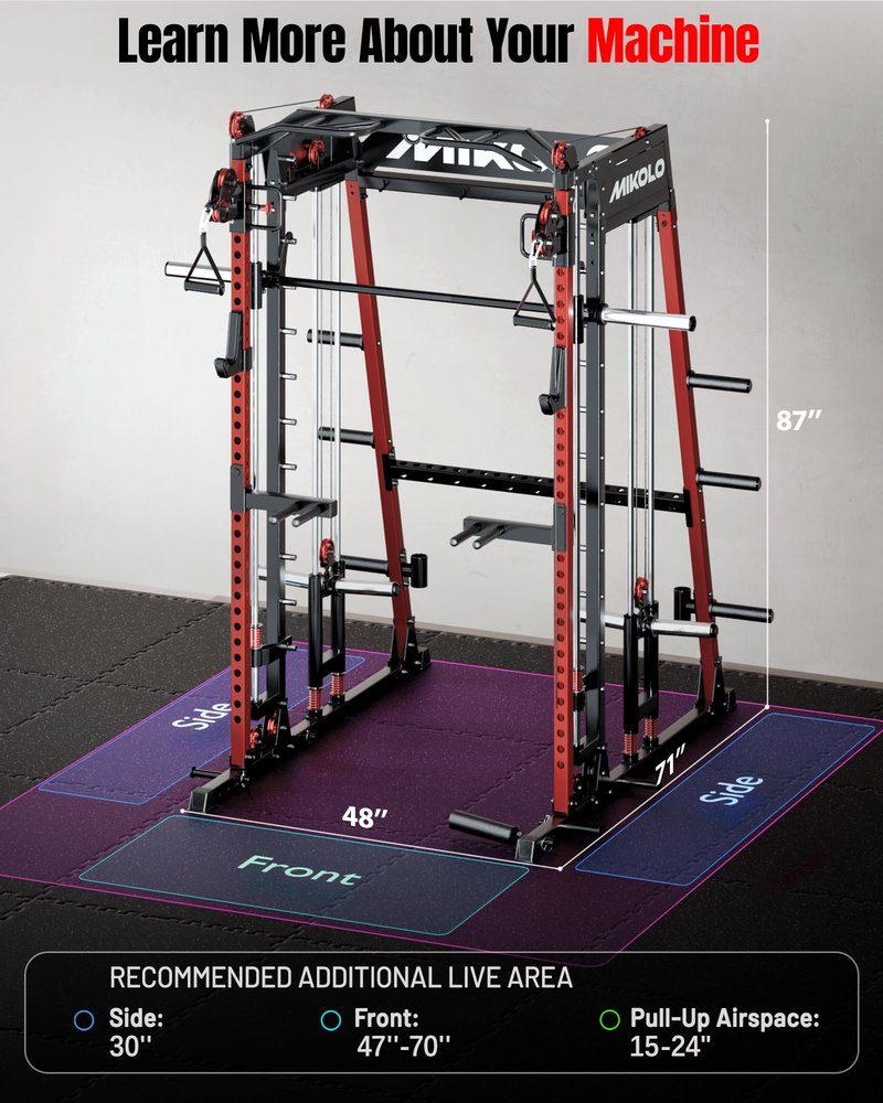 Mikolo M4 2.0 Ultra Smith Machine, Multi-Function Squat Rack with LAT-Pull Down System & Cable Crossover Machine, Training Equipment with Leg Hold-Down Attachment, Red