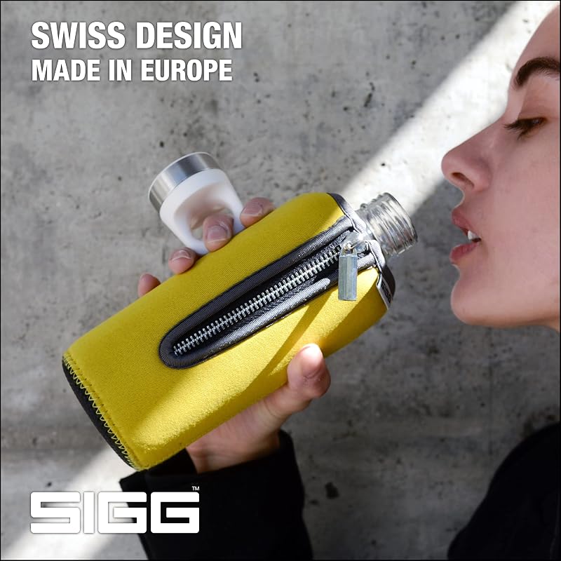Sigg Stella Glass Water Bottle 17 oz with Neoprene Sleeve - Yellow - Leakproof & Dishwasher Safe