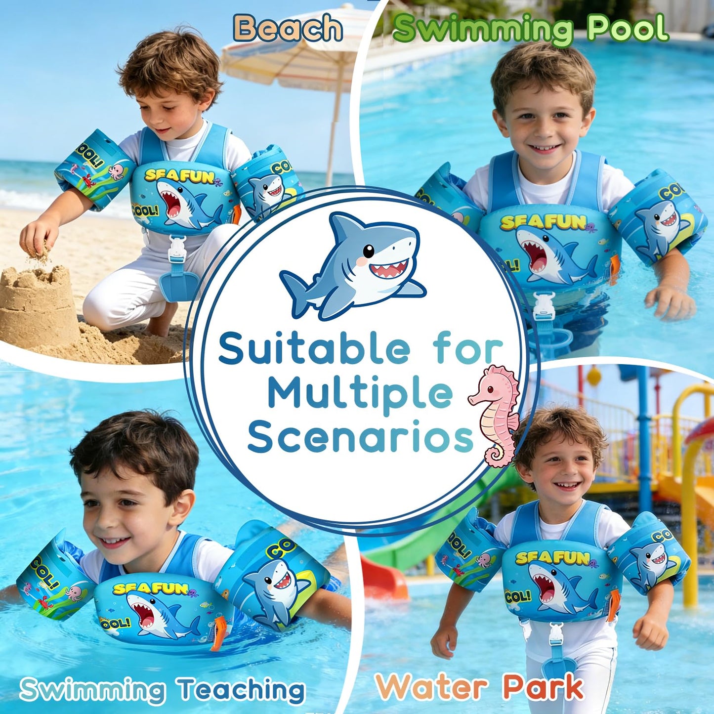 ReePlan Toddler Swim Vest for Kids 13-30-50-66 Lbs, Adjustable Swim Training Vest with Arm Floaties Reflective Strips Shoulder Straps & Secure Crotch Strap, with Whistle, Ages 1-2-3-4-5-6 Pool & Beach